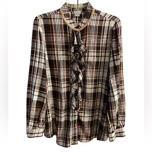 Chico’s double espresso ruffle neck plaid button front shirt Medium‎